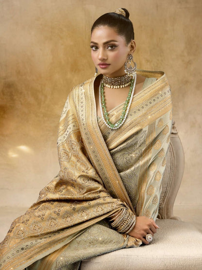 Beige Gold Sattan Katan Bridal Saree with Zircon &amp; Saroski Work