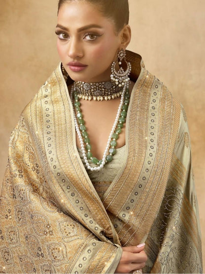 Beige Gold Sattan Katan Bridal Saree with Zircon &amp; Saroski Work