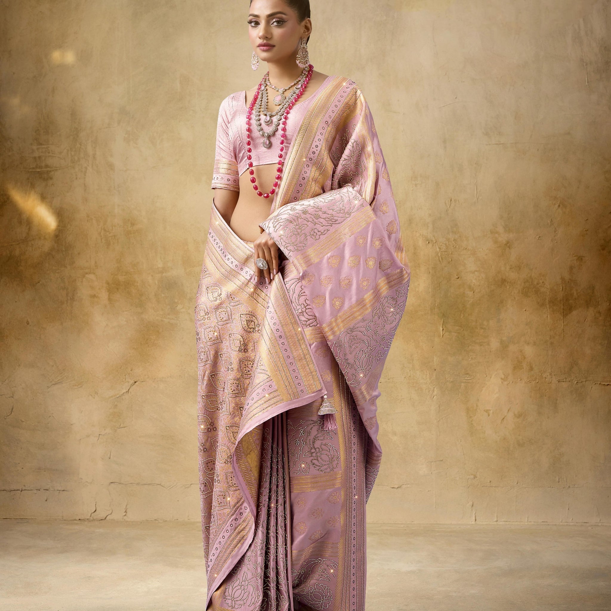 Mauve Pink Bridal Saree in Sattan Katan with Saroski Embroidery