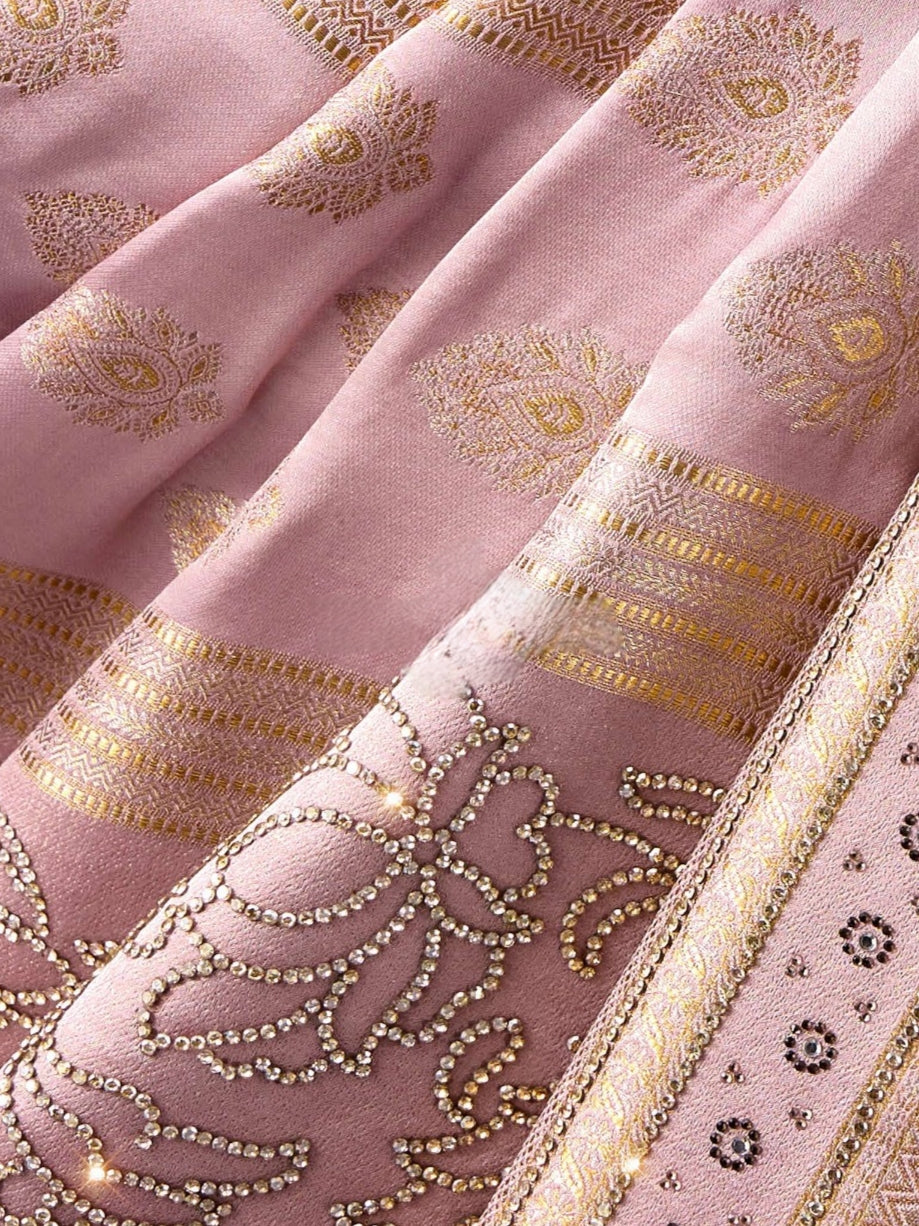 Mauve Pink Bridal Saree in Sattan Katan with Saroski Embroidery
