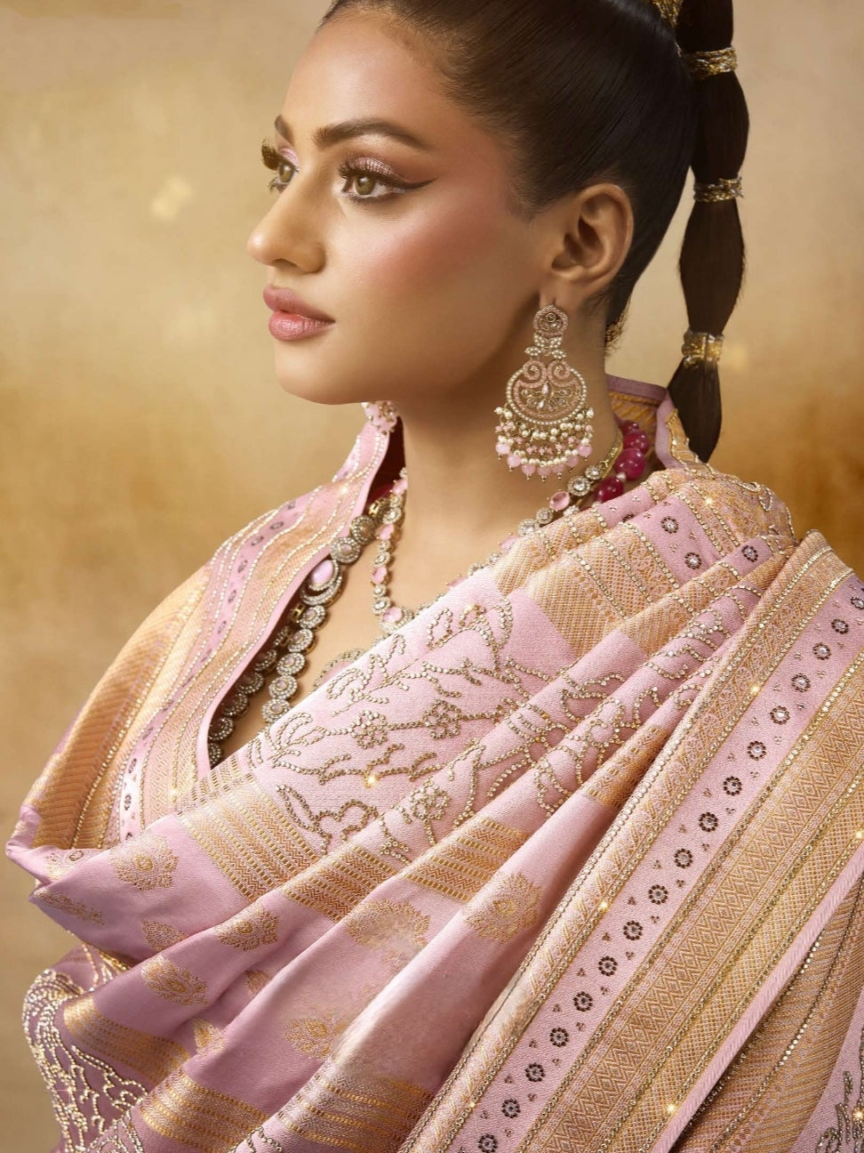 Mauve Pink Bridal Saree in Sattan Katan with Saroski Embroidery