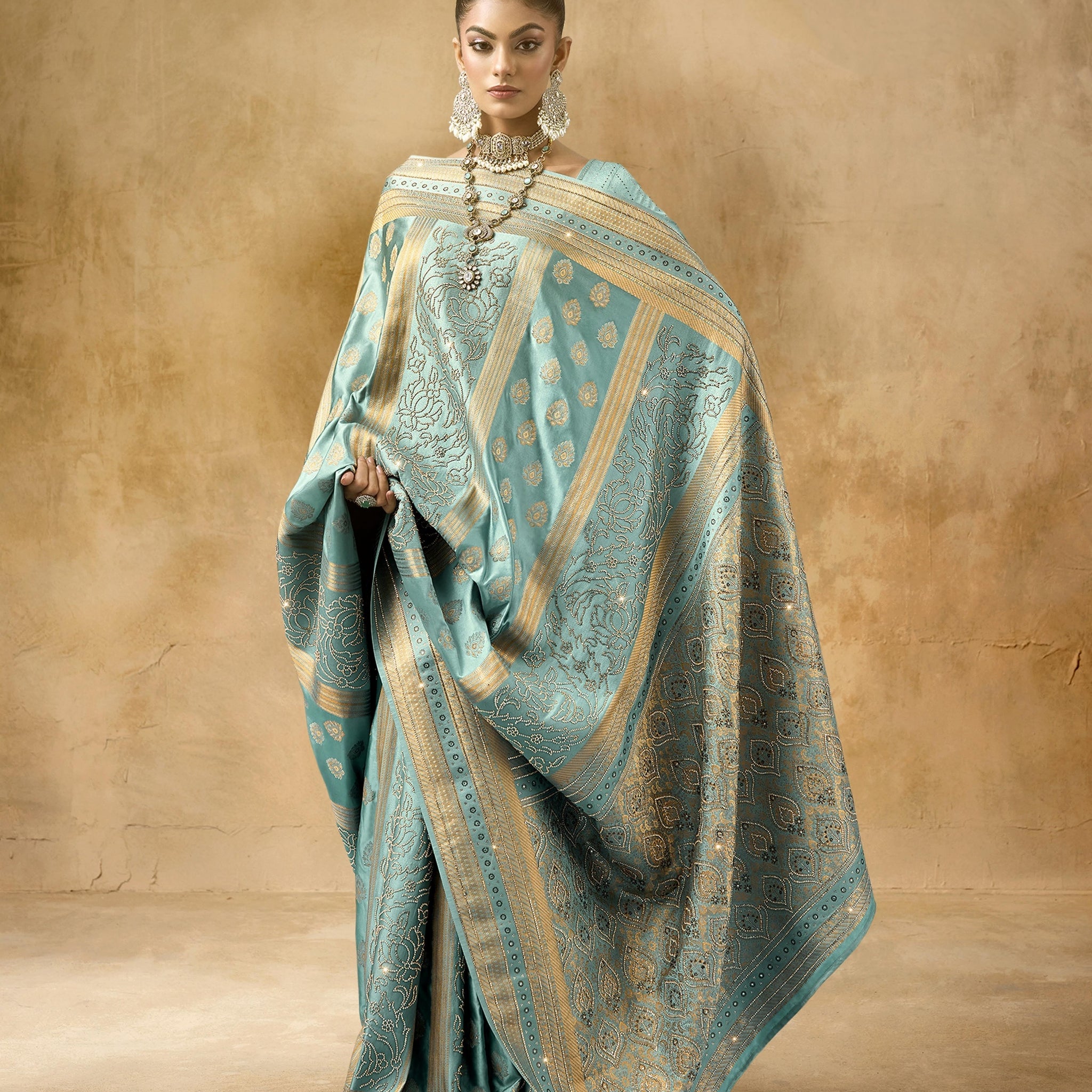 Teal Blue Bridal Satin Saree in Sattan Katan with Saroski Work