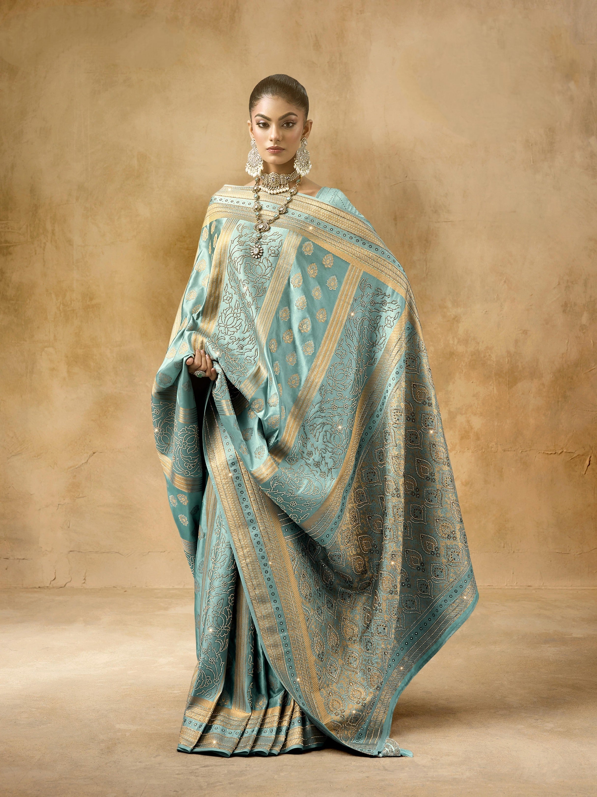 Teal Blue Bridal Satin Saree in Sattan Katan with Saroski Work