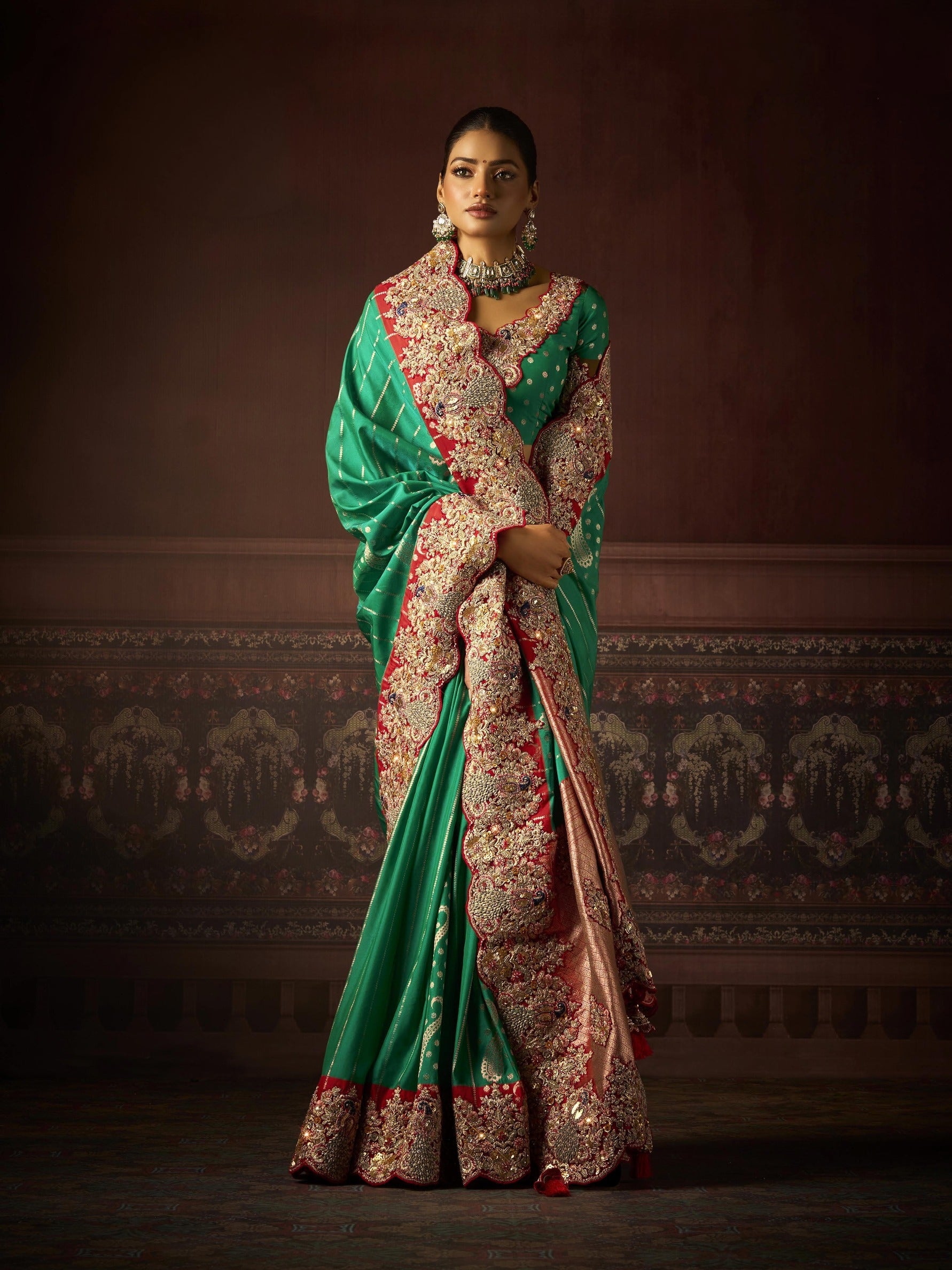 Green & Peach Bridal Silk Saree with Heavy Embroidery & Zircon