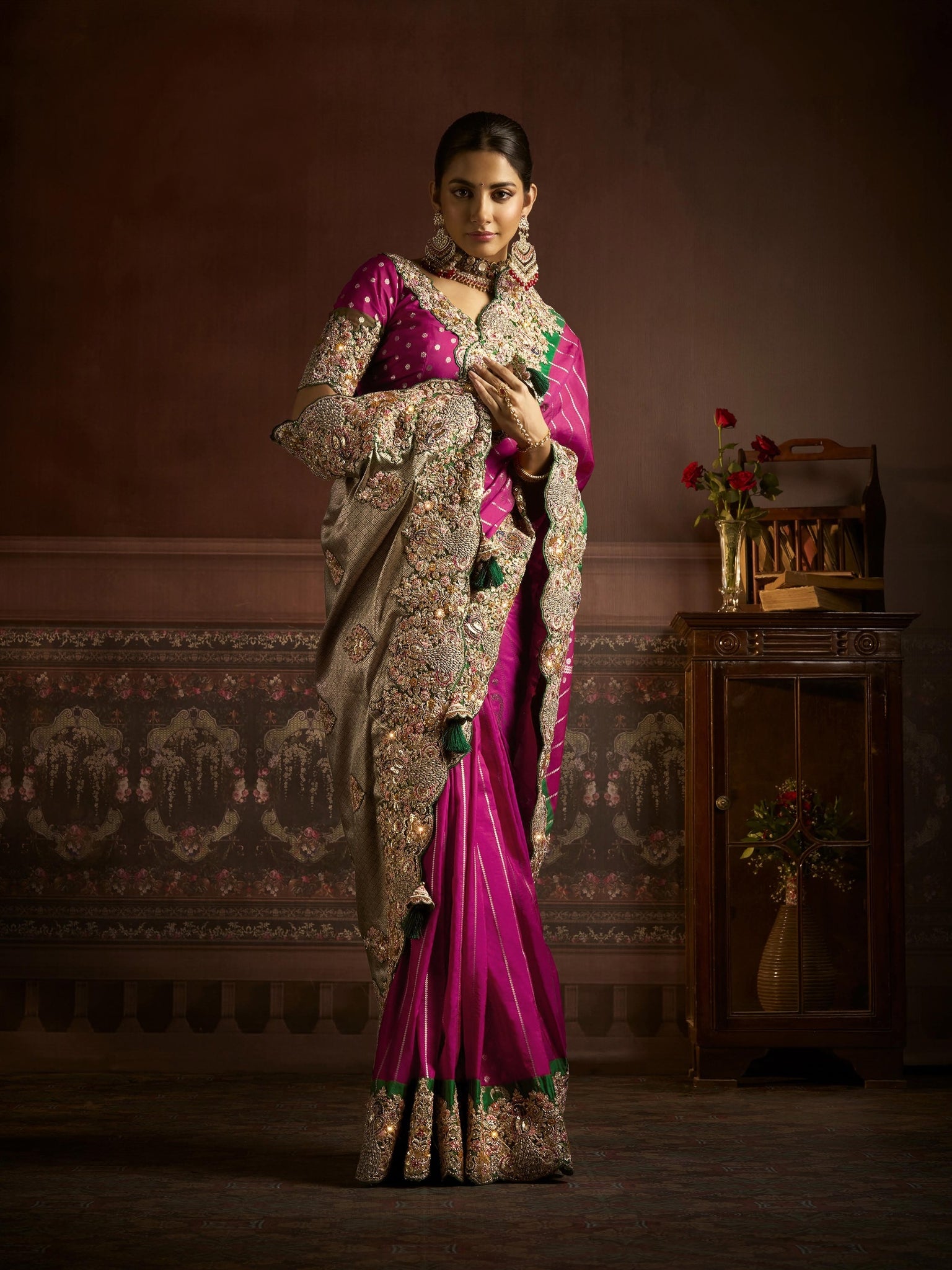 Fuchsia Pink Bridal Saree with Beige Embroidery