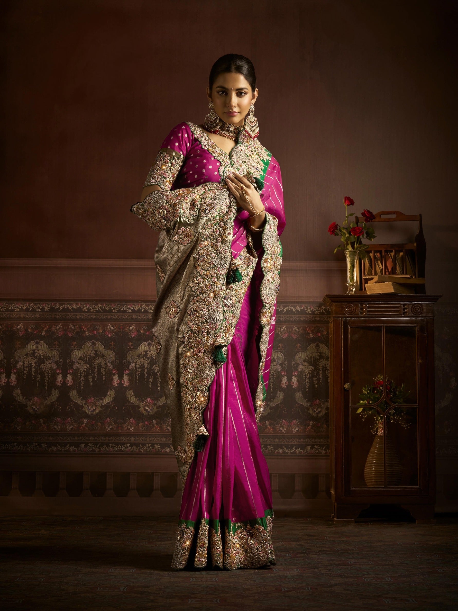Fuchsia Pink Bridal Saree with Beige Embroidery