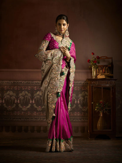 Fuchsia Pink Bridal Saree with Beige Embroidery