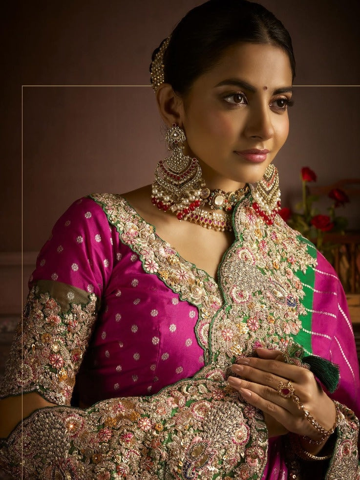 Fuchsia Pink Bridal Saree with Beige Embroidery
