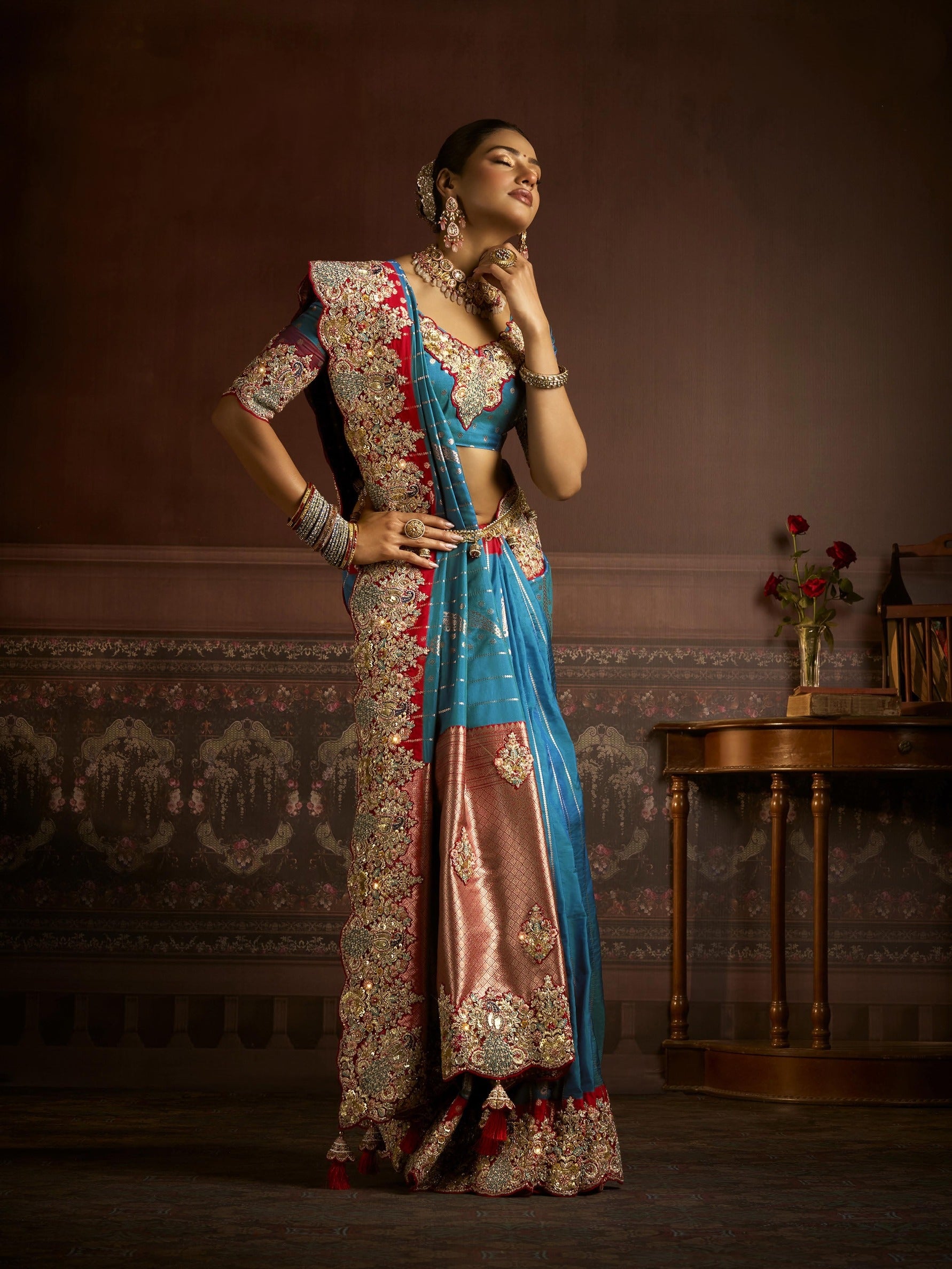 Sky Blue & Rose Gold Bridal Saree in Bangalore Silk with Embroidery