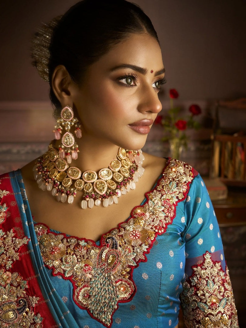 Sky Blue & Rose Gold Bridal Saree in Bangalore Silk with Embroidery