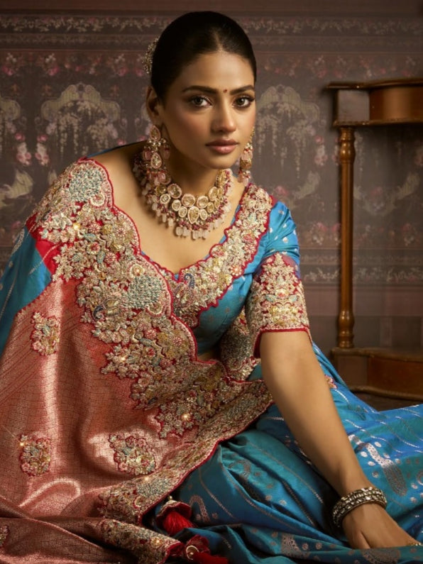 Sky Blue &amp; Rose Gold Bridal Saree in Bangalore Silk with Embroidery