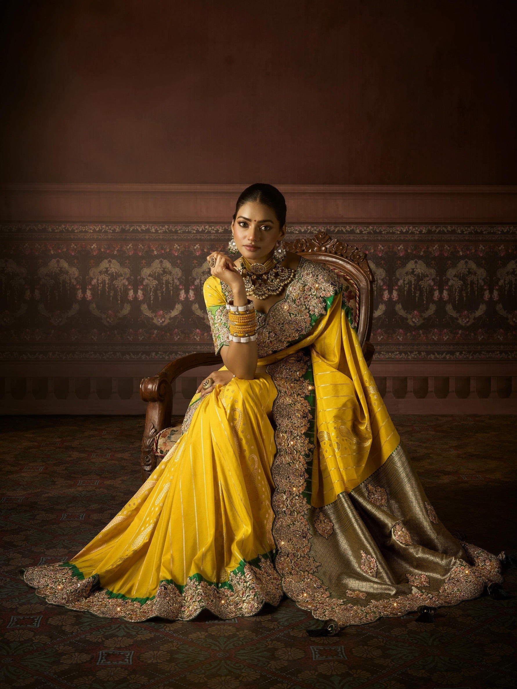 Yellow Bridal Saree with Olive Green Embroidery