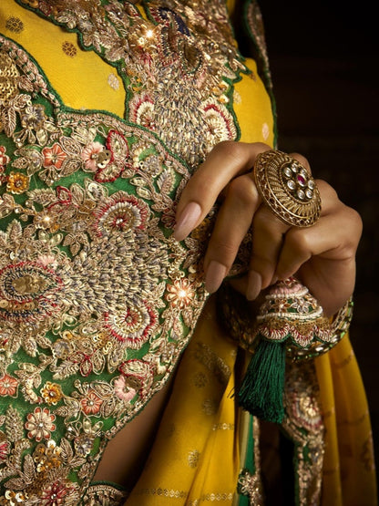 Yellow Bridal Saree with Olive Green Embroidery