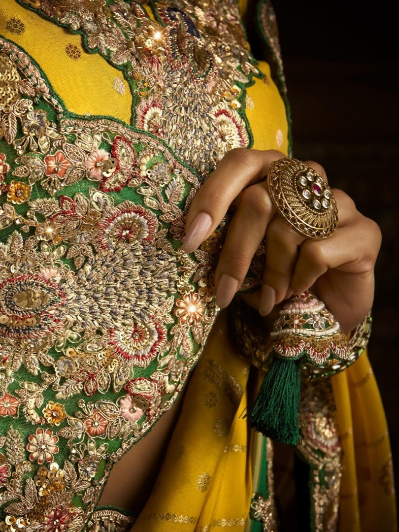 Yellow Bridal Saree with Olive Green Embroidery