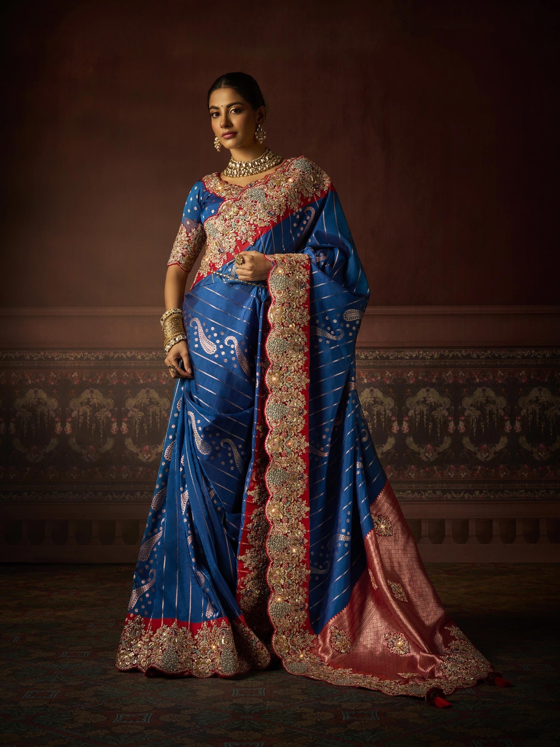 Royal Blue Bridal Saree with Peach Border in Bangalore Silk