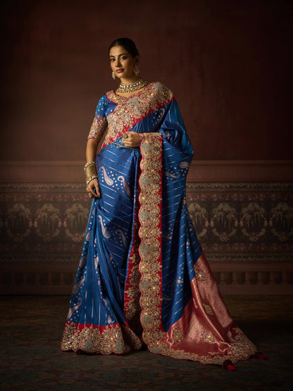 Royal Blue Bridal Saree with Peach Border in Bangalore Silk