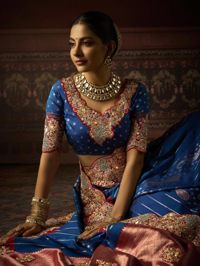 Royal Blue Bridal Saree with Peach Border in Bangalore Silk