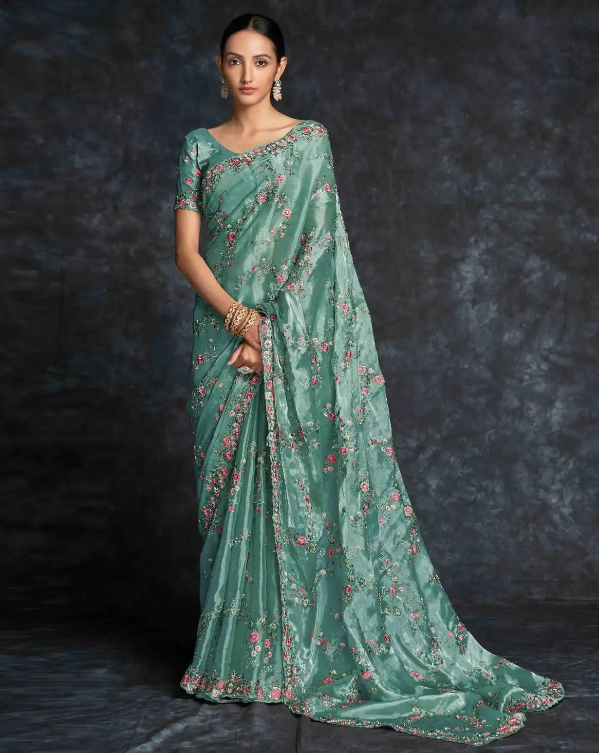 Mint green floral embroidery georgette saree for party


