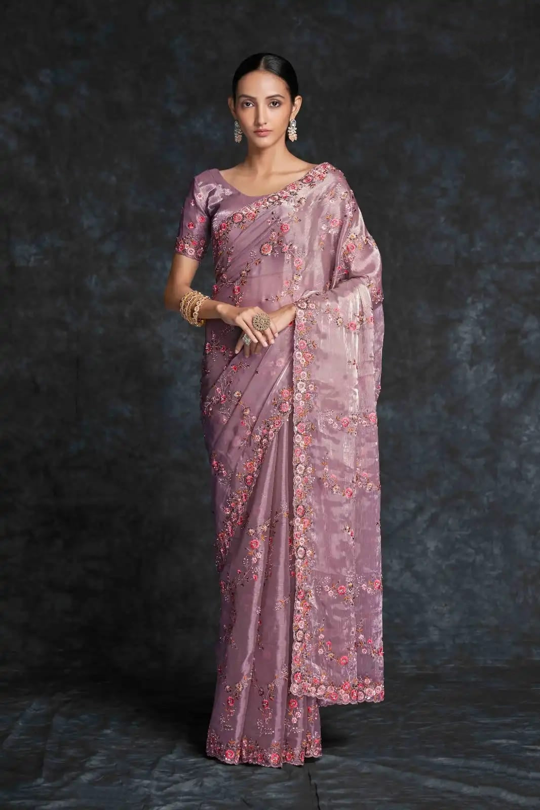 Mauve pink georgette saree with floral embroidery full view

