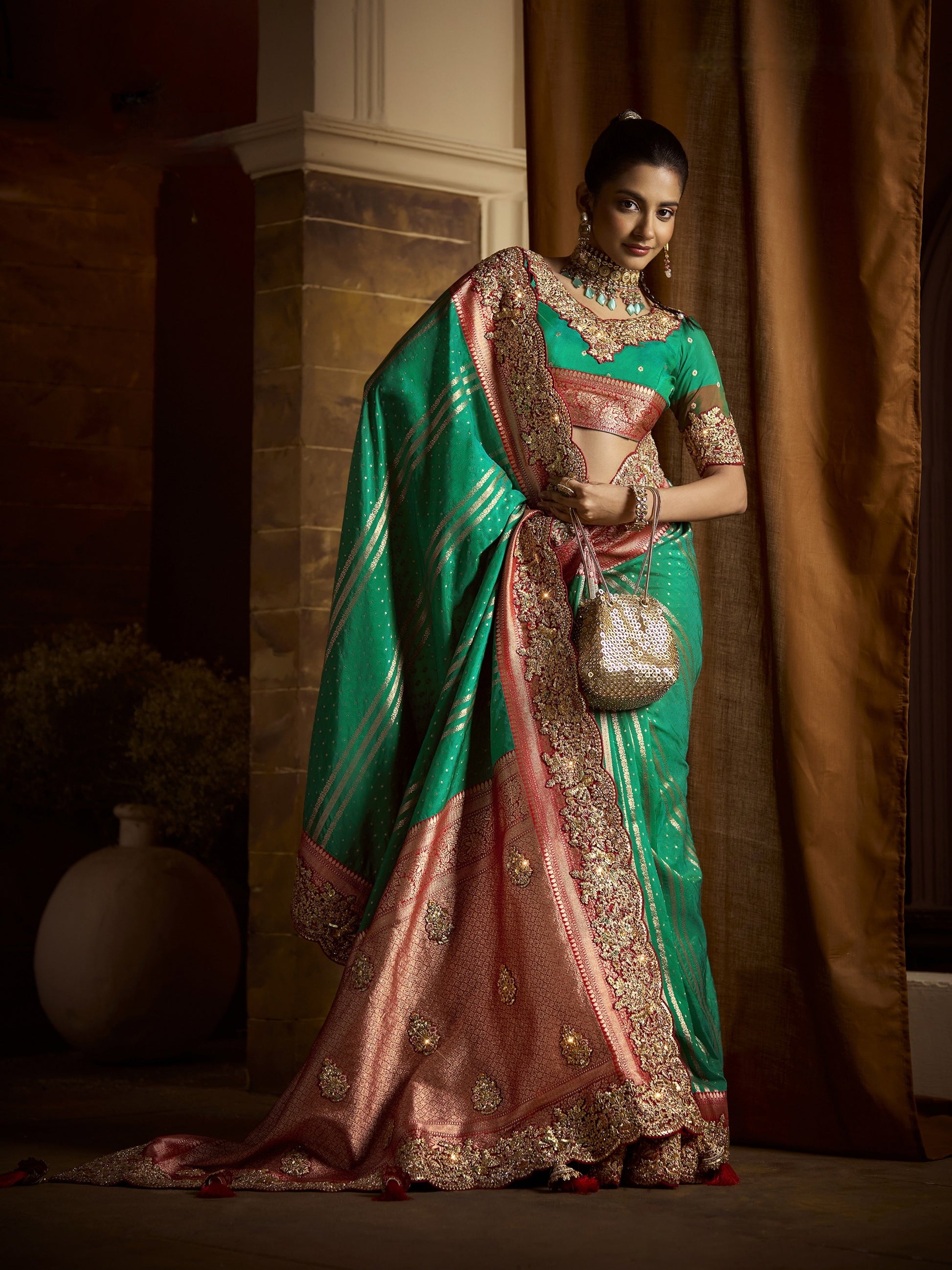 Emerald Green Peach Bridal Saree in Pure Bangalore Taana Silk