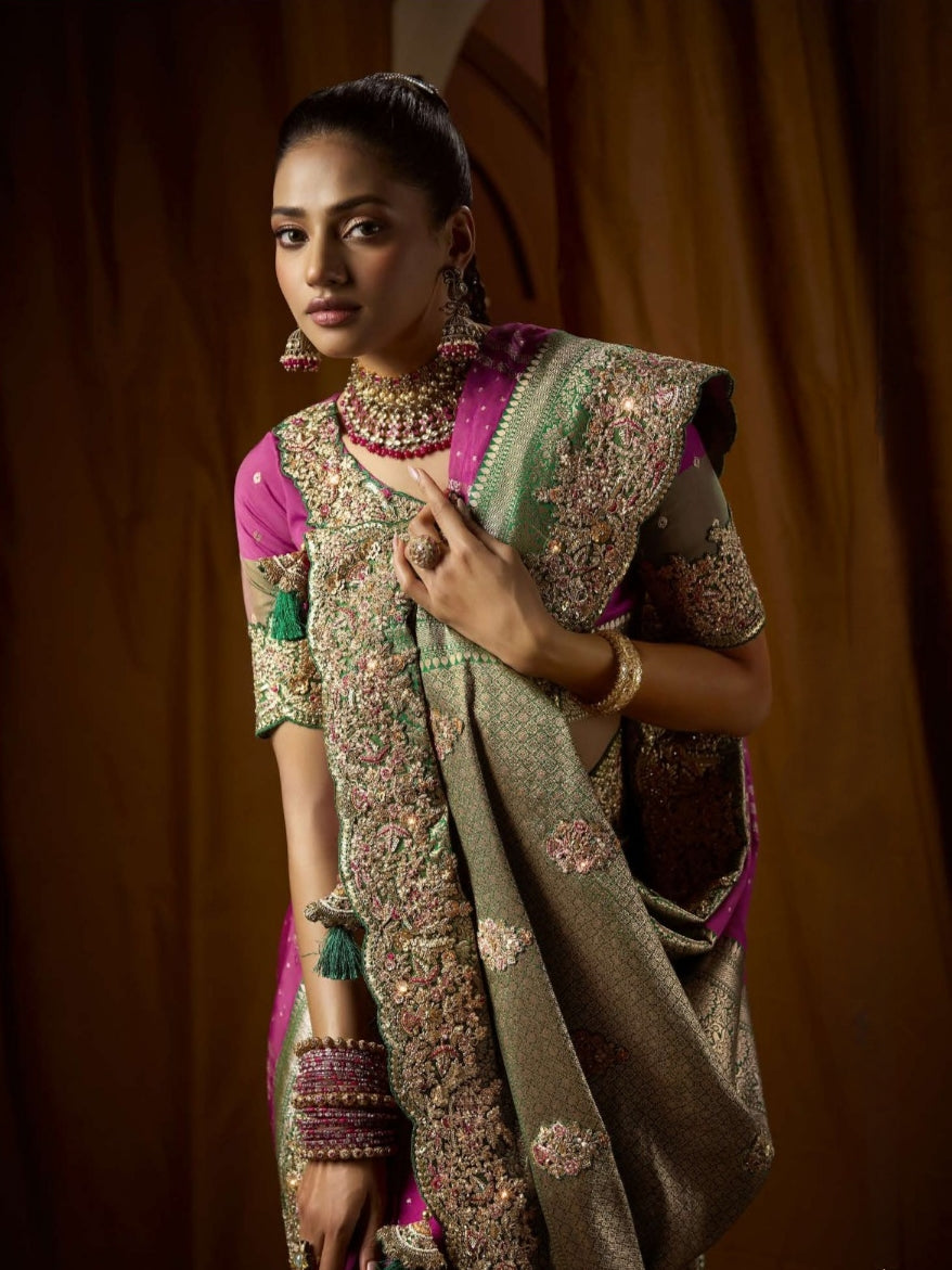 Bridal Saree in Bangalore Silk with Olive Border

