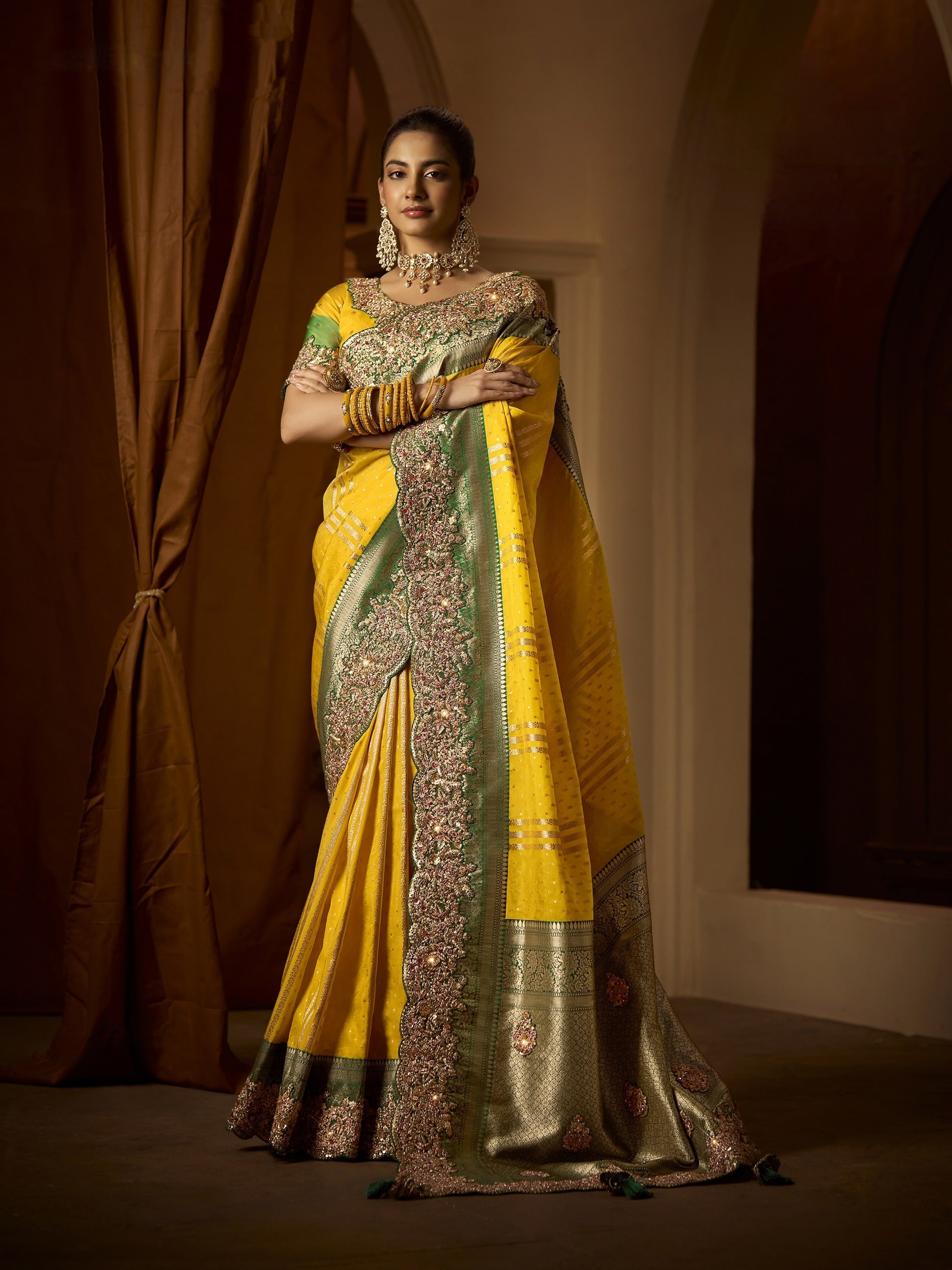 Yellow Bridal Silk Saree with Green Border

