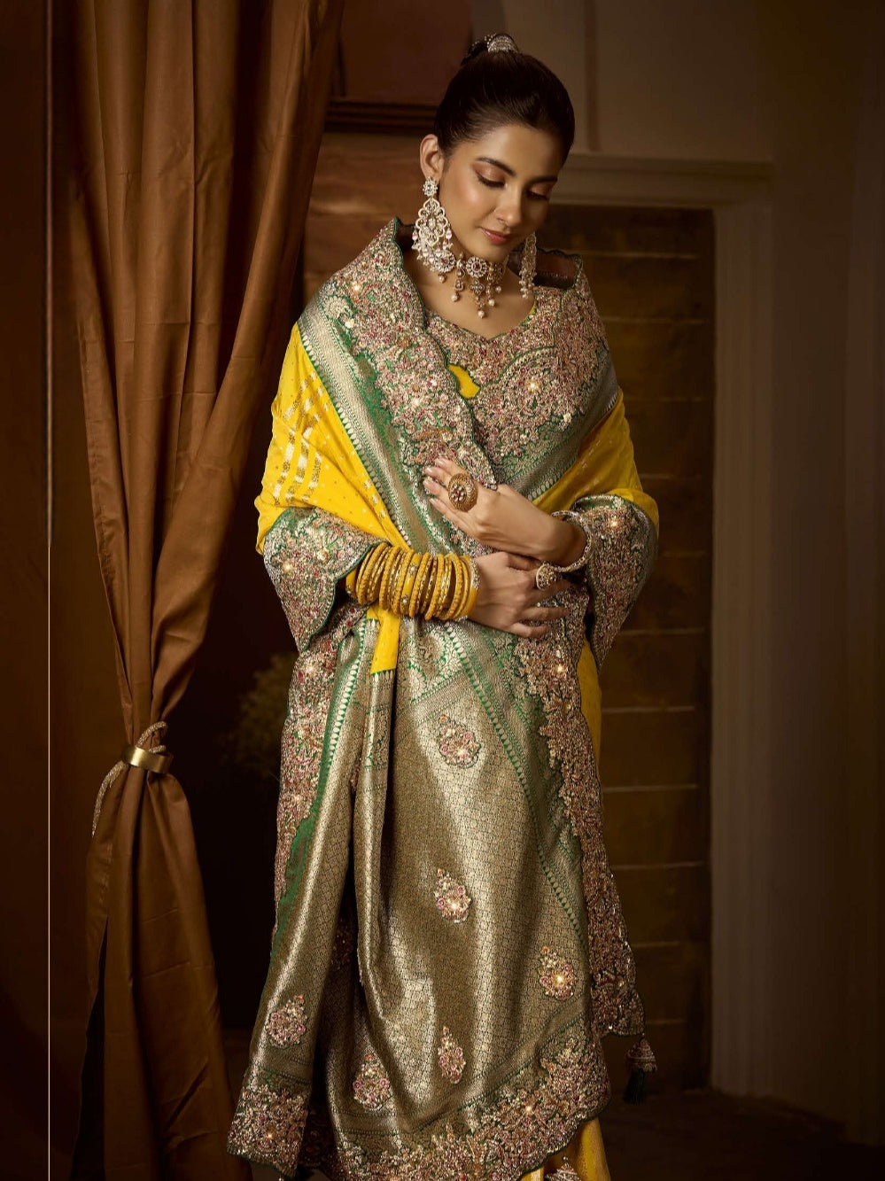 Yellow Bridal Silk Saree with Green Border

