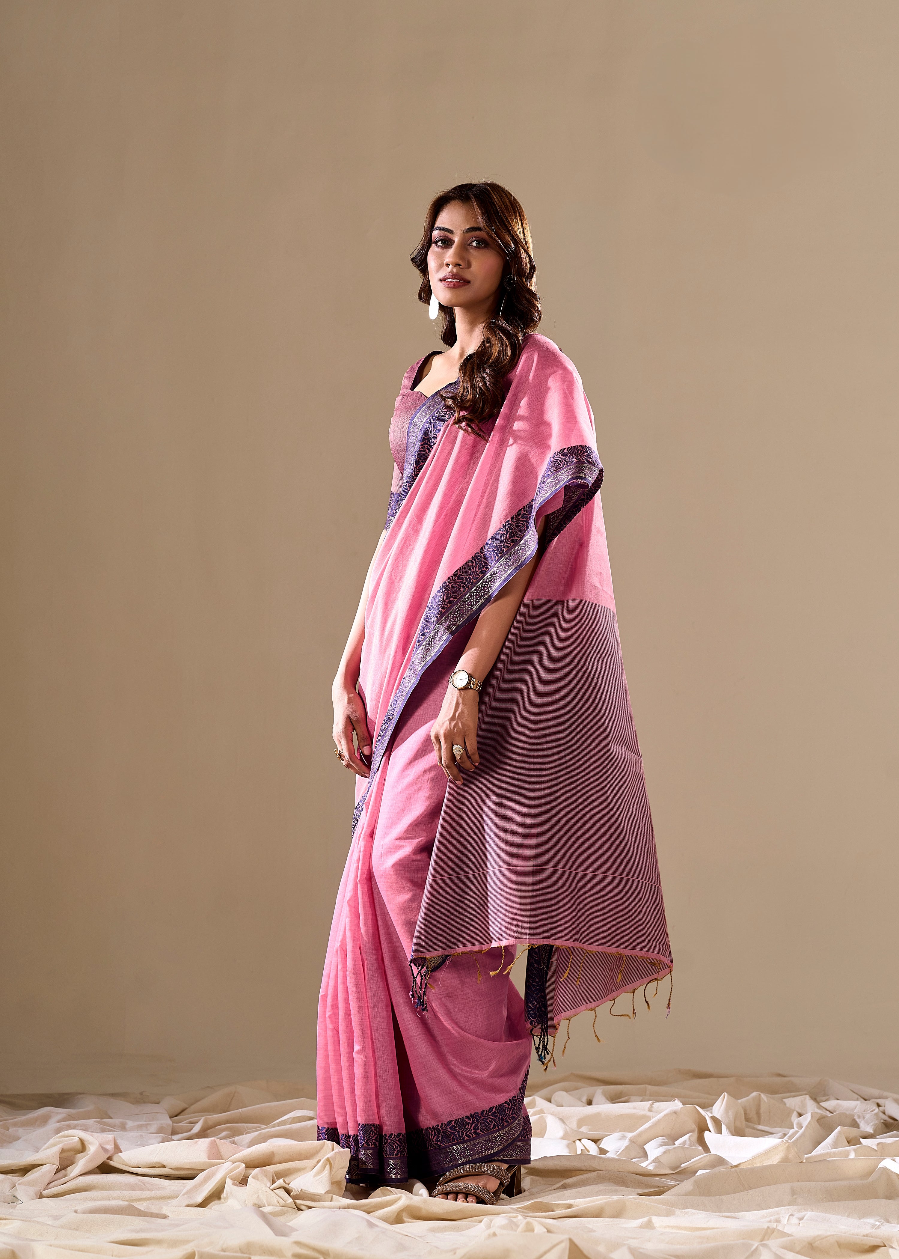 Pink silk saree with contrast blouse

