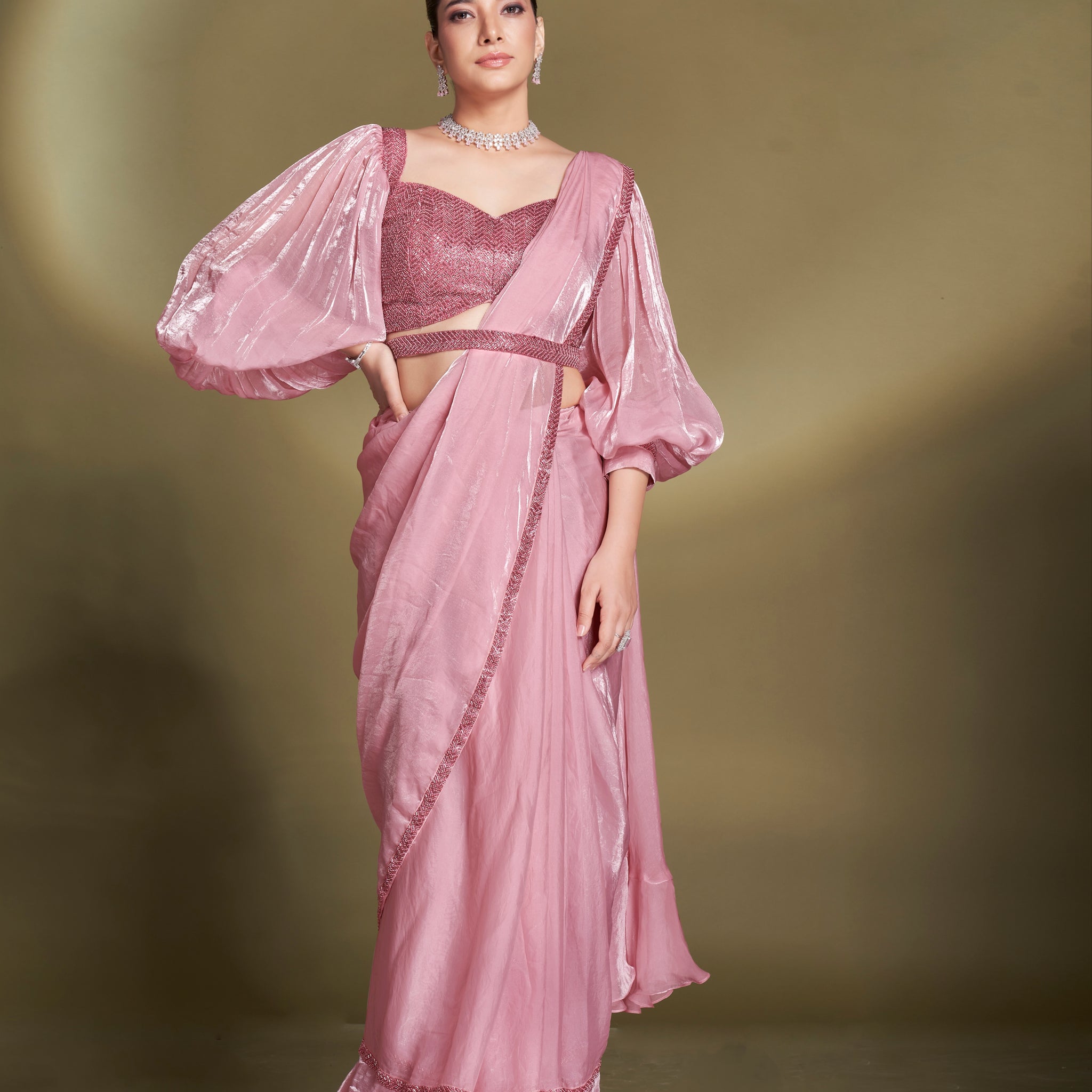 Blush Pink Ready to Wear Saree with Puff Sleeves Blouse