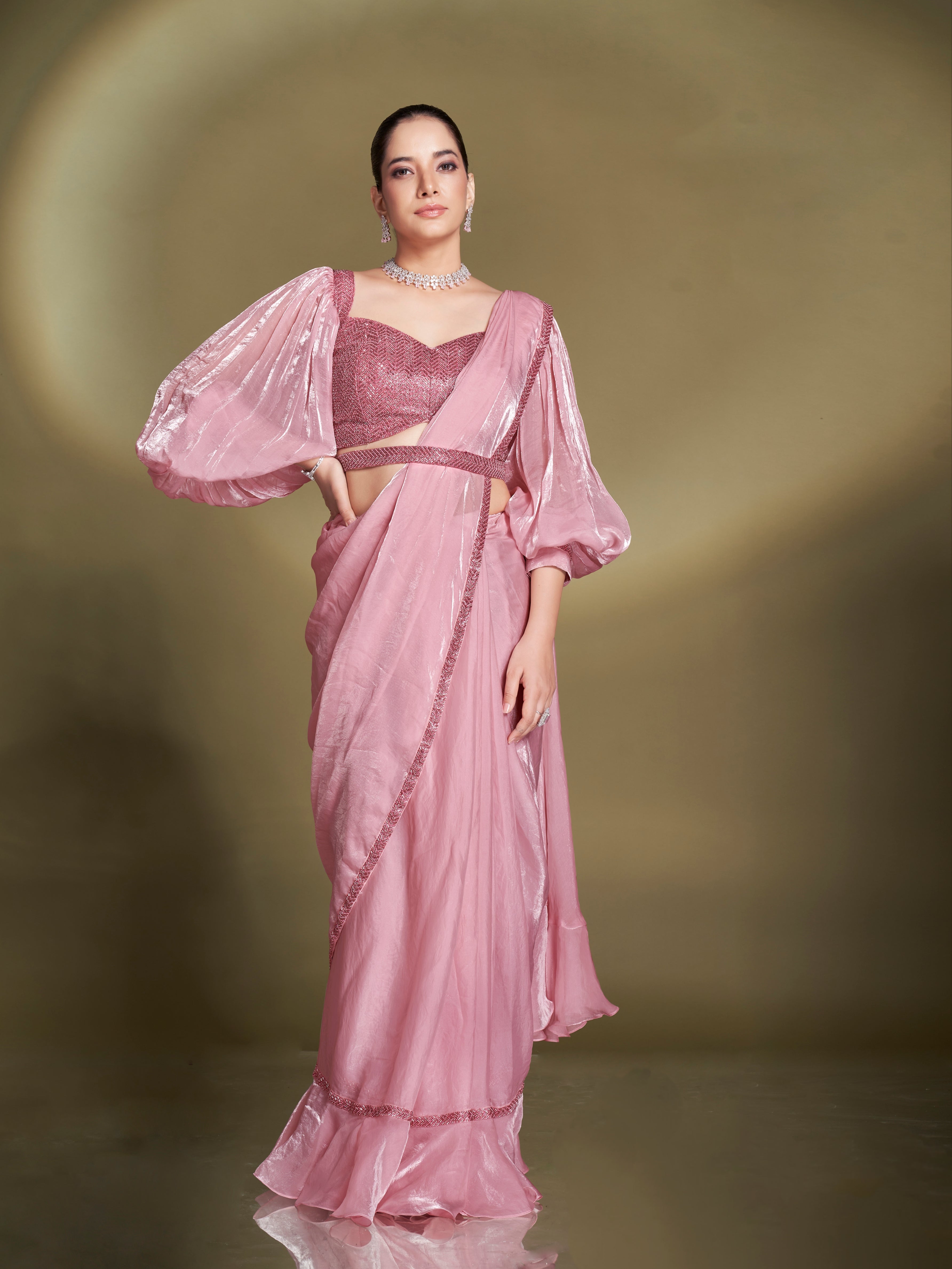 Blush Pink Ready to Wear Satin Silk Saree with Embroidered Blouse

