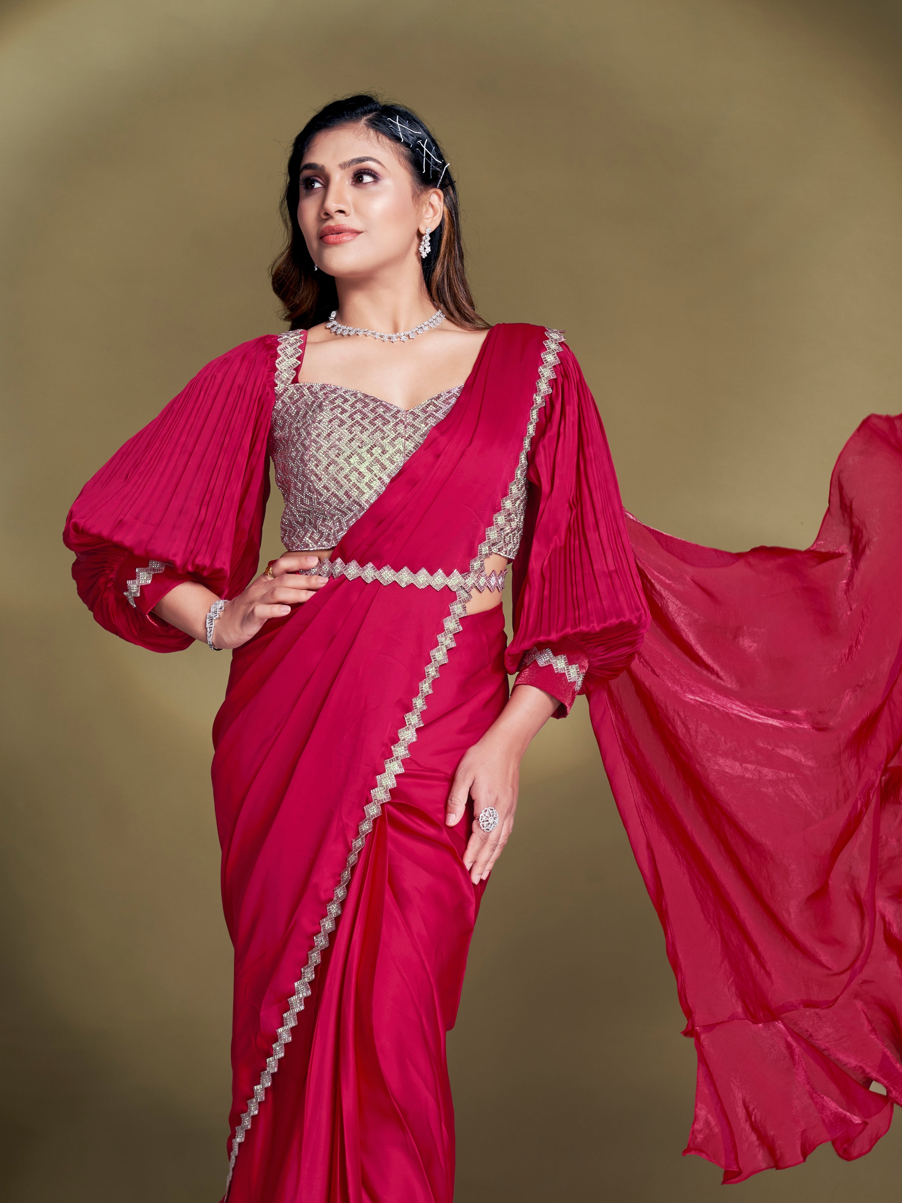 Partywear Ruby Red Saree with Puff Sleeve Blouse

