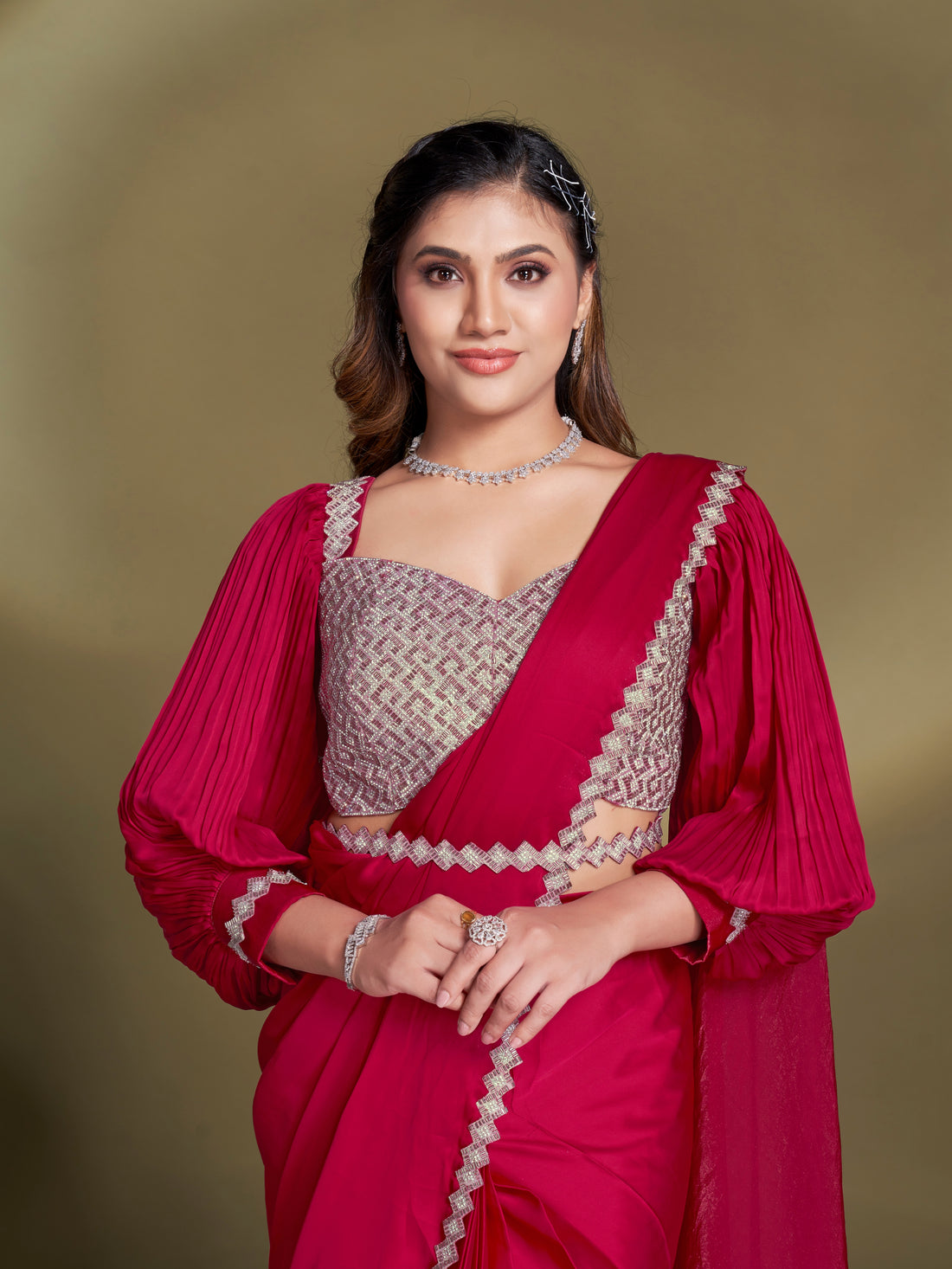 Ruby Red Ready to Wear Satin Silk Saree with Embroidered Blouse

