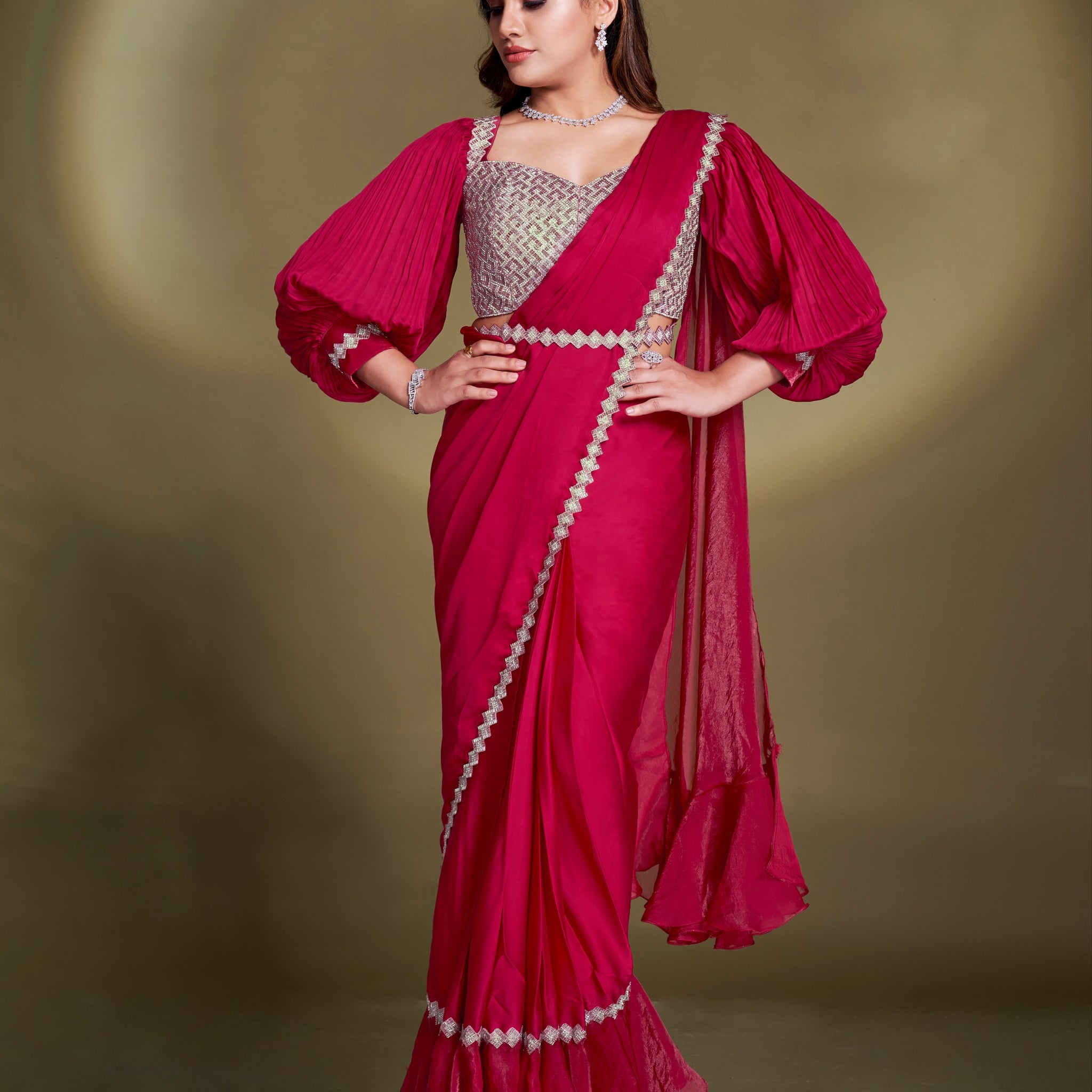 Ruby Red Ready to Wear Satin Silk Saree with Embroidered Blouse

