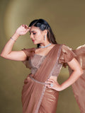 Mocha Brown Pre-Stitched Saree with Elegant Ruffle Design

