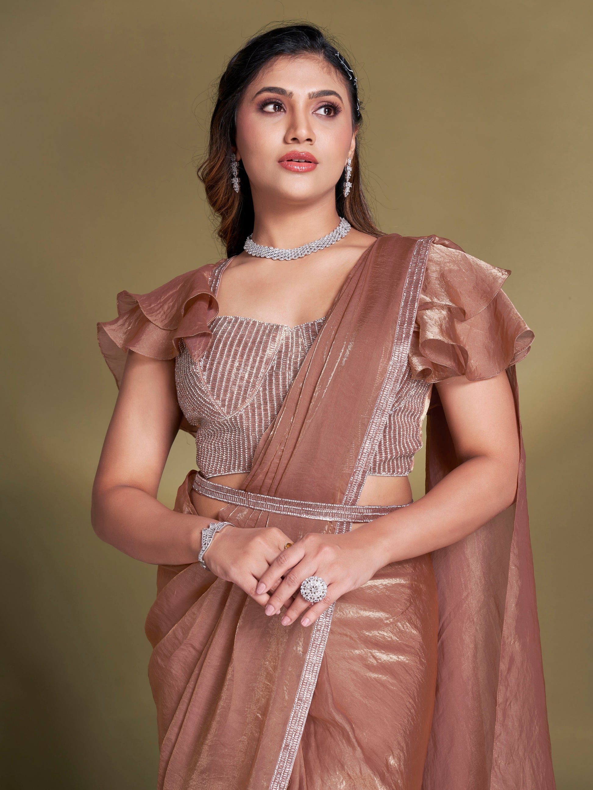 Pre-Stitched Mocha Brown Ruffle Saree for Wedding

