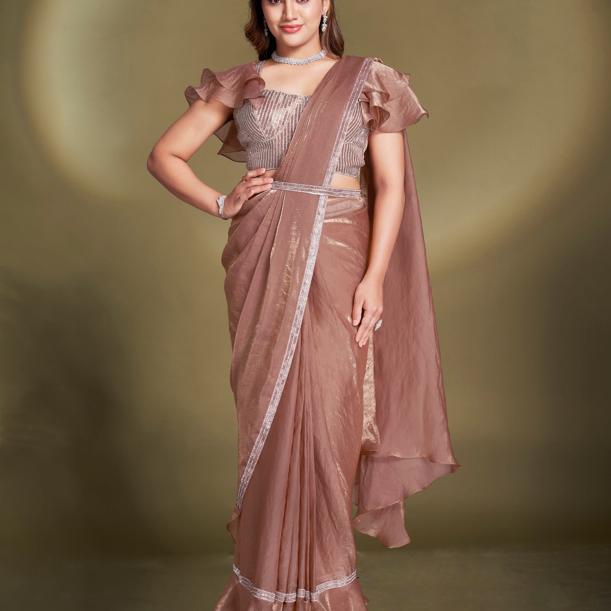 Mocha Brown Satin Silk Ready to Wear Saree with Embroidered Blouse

