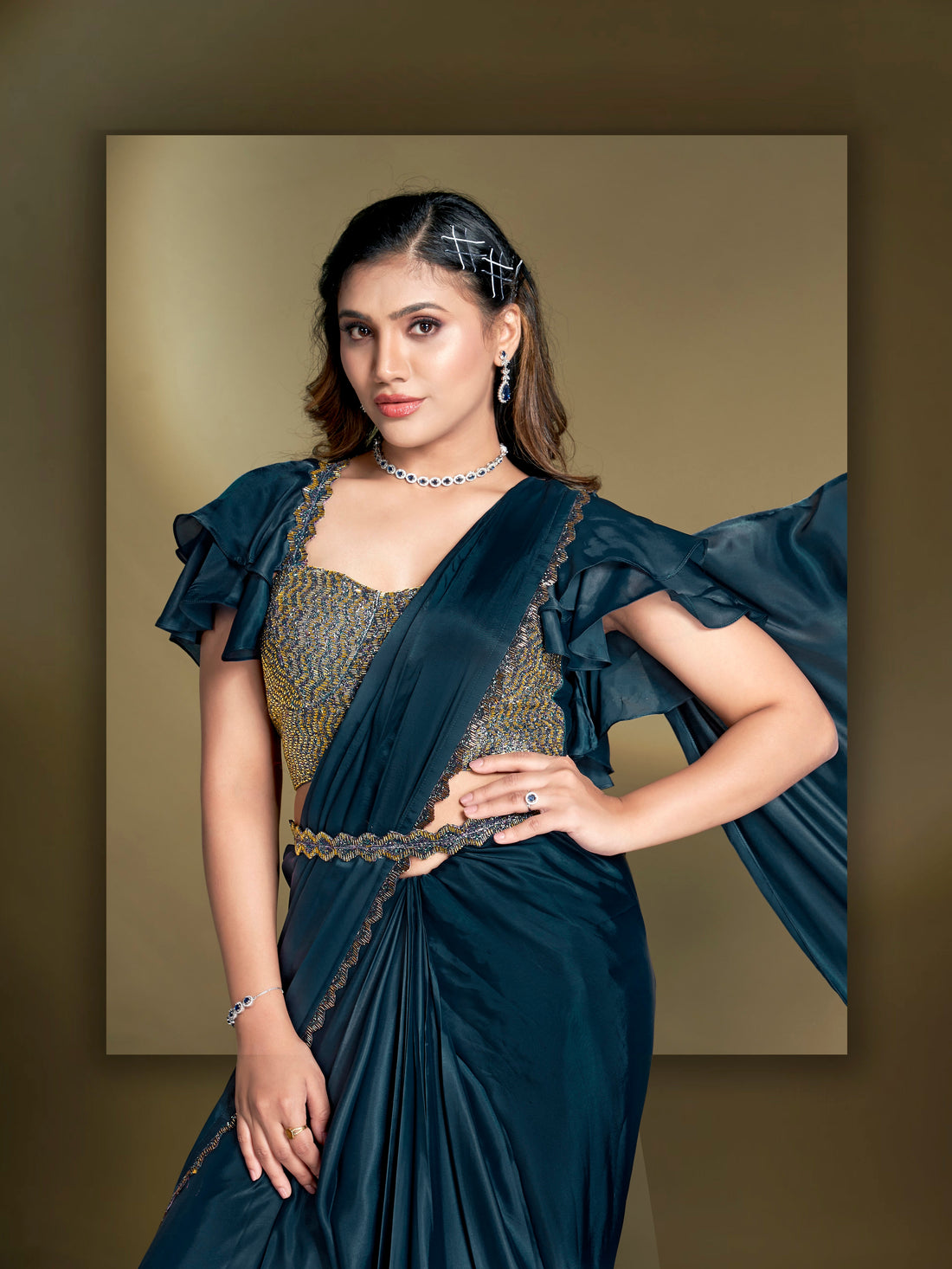 Midnight Blue Satin Silk Ready to Wear Saree with Embroidered Blouse

