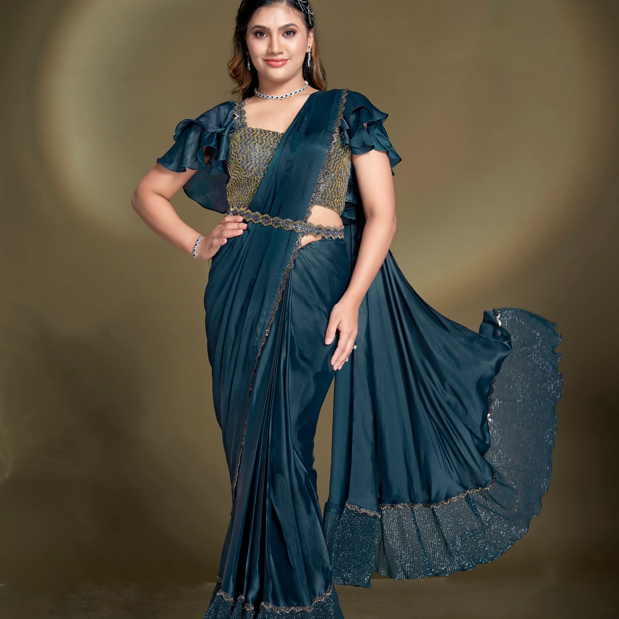 Midnight Blue Satin Silk Ready to Wear Saree with Embroidered Blouse

