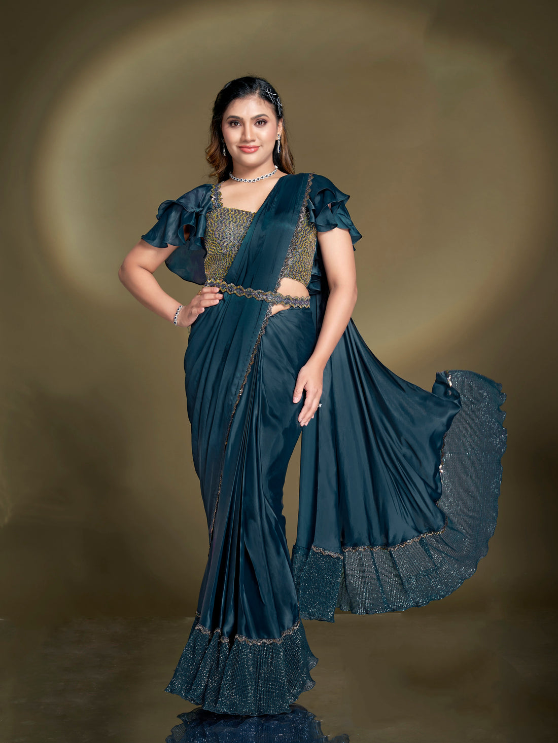 Midnight Blue Satin Silk Ready to Wear Saree with Embroidered Blouse

