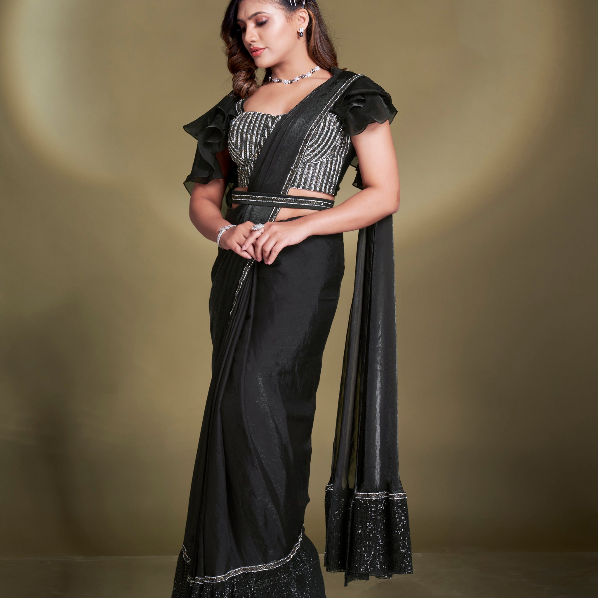 Black Satin Silk Ready to Wear Saree with Embroidered Blouse – Front Pose

