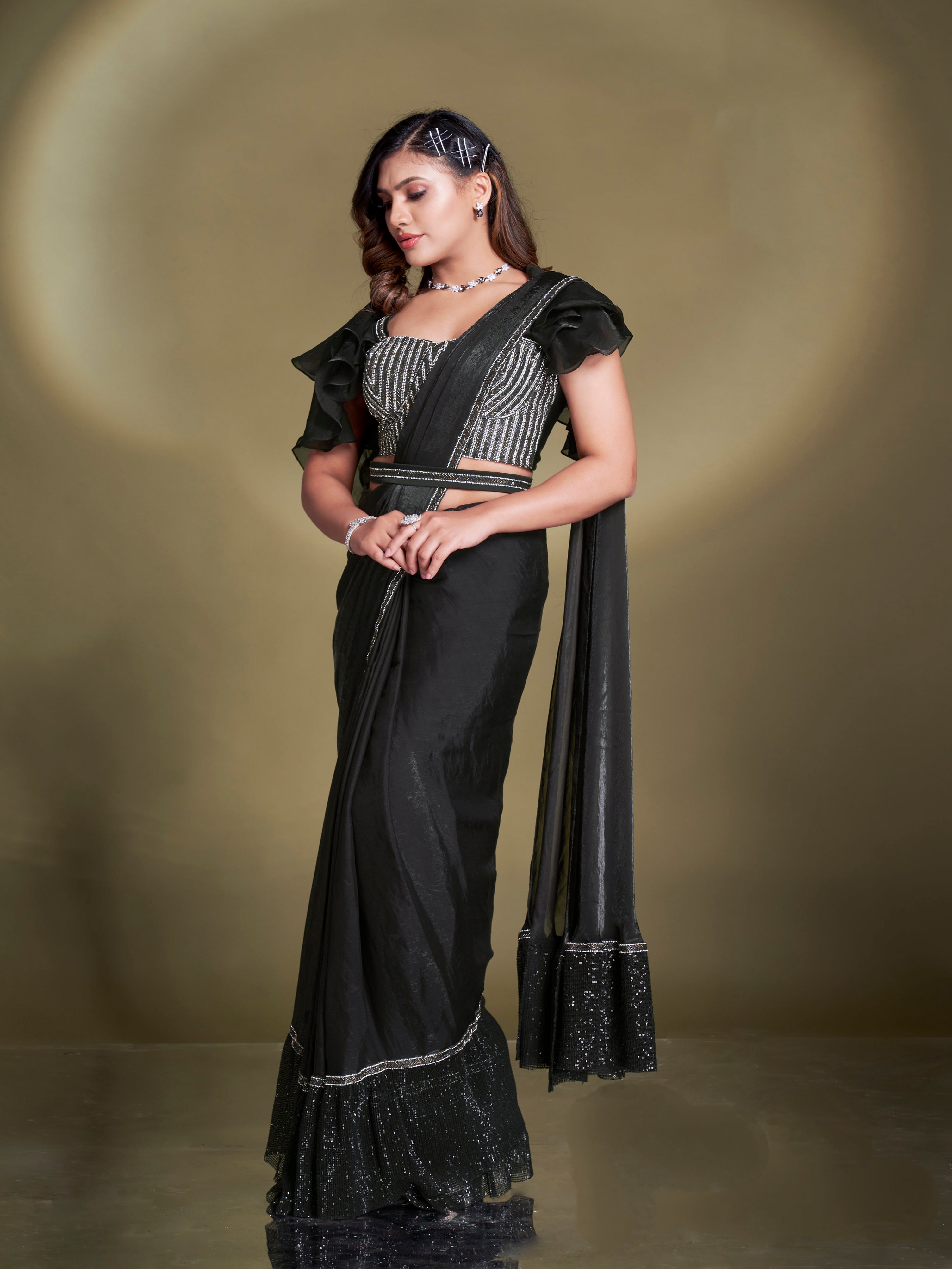 Black Satin Silk Ready to Wear Saree with Embroidered Blouse – Front Pose

