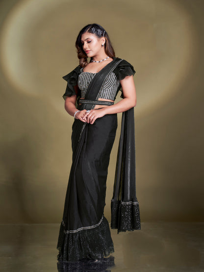 Black Satin Silk Ready to Wear Saree with Embroidered Blouse – Front Pose

