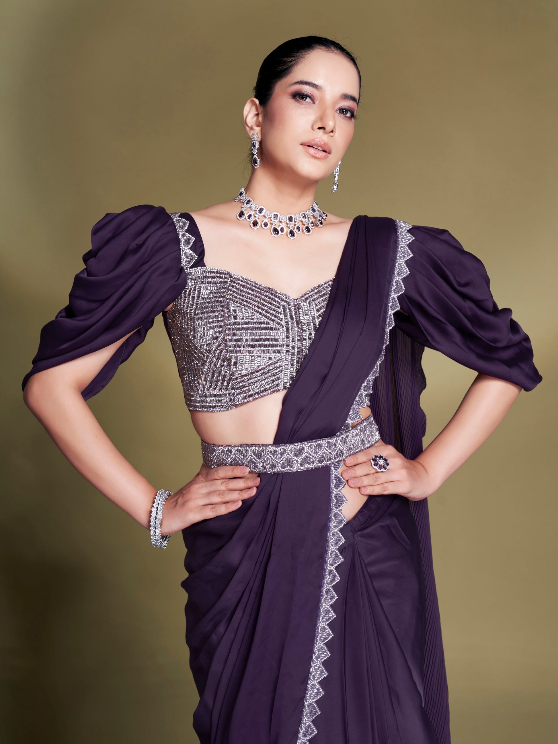 Pre-Stitched Purple Saree with Layered Ruffles and Designer Belt

