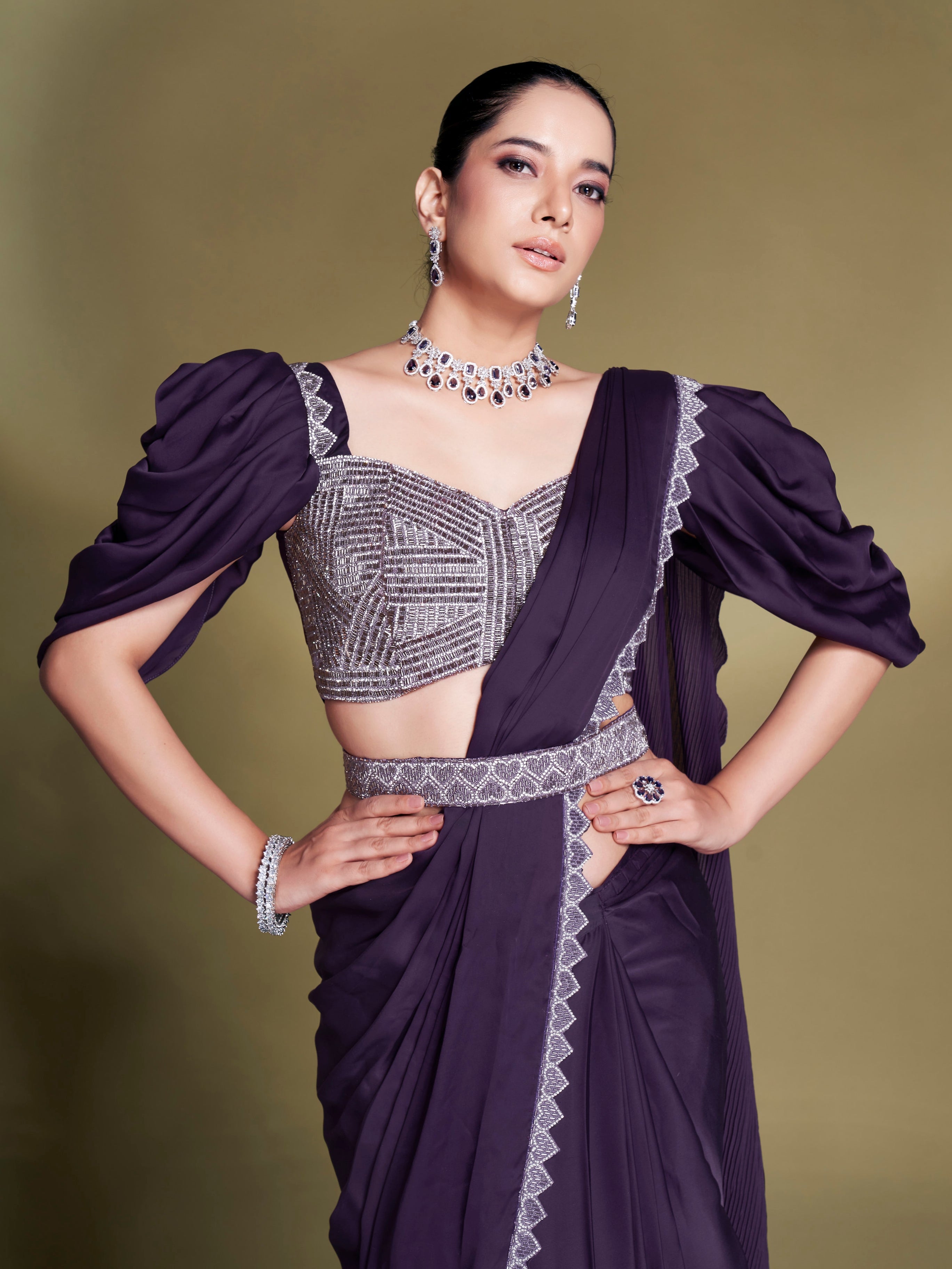 Pre-Stitched Purple Saree with Layered Ruffles and Designer Belt


