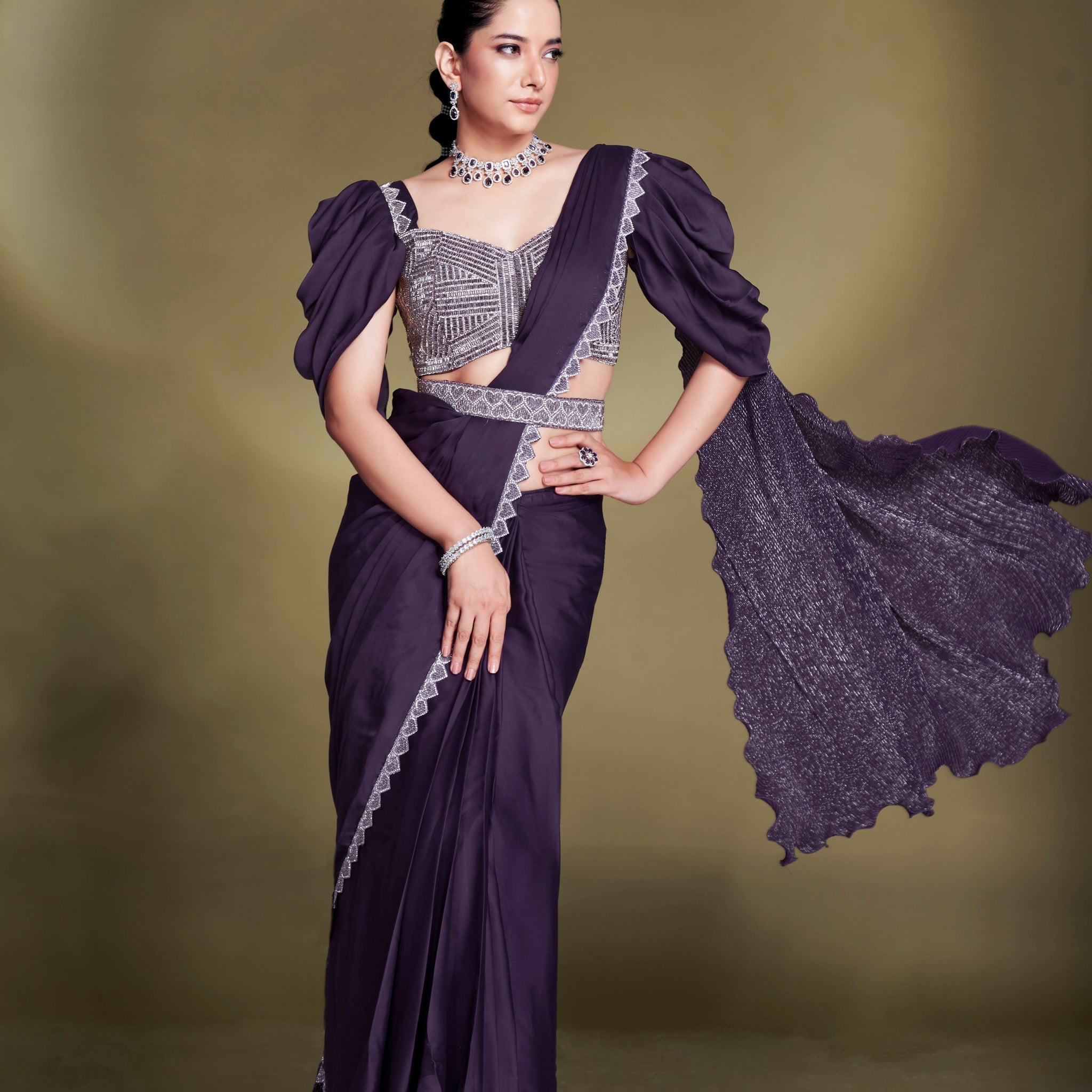 Purple Satin Silk Ready to Wear Ruffle Saree with Embroidered Blouse

