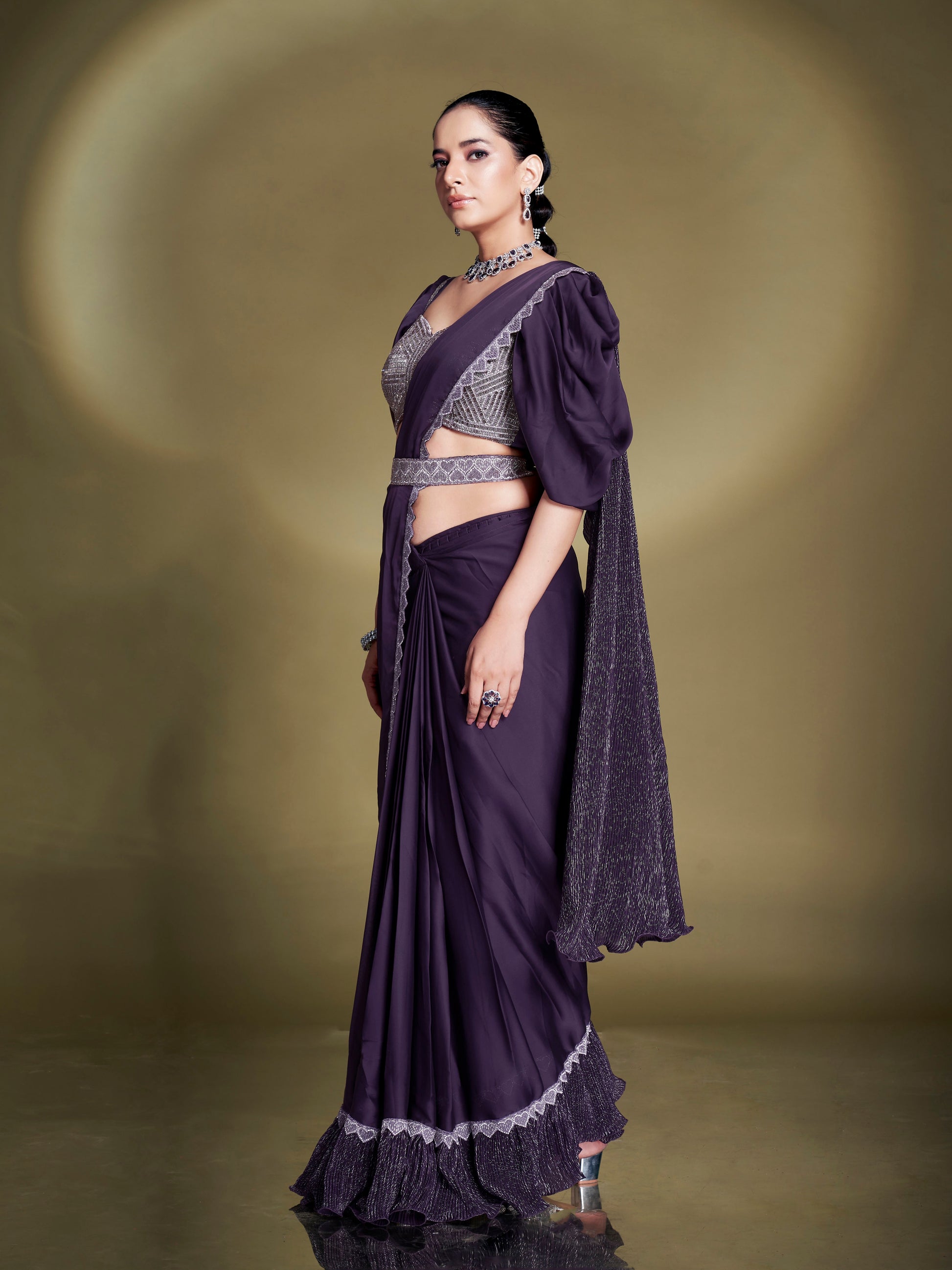 Party Wear Purple Saree with Embroidered Poly Crepe Blouse – Front View

