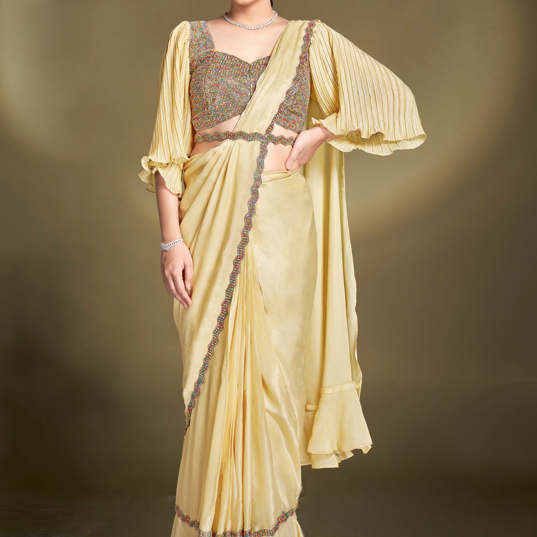 Yellow Satin Silk Ready to Wear Saree with Ruffles and Embroidered Blouse


