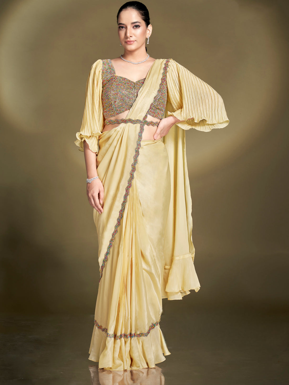 Yellow Satin Silk Ready to Wear Saree with Ruffles and Embroidered Blouse

