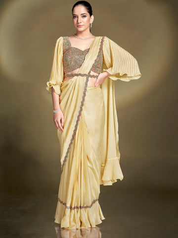 Yellow Satin Silk Ready to Wear Saree with Ruffles and Embroidered Blouse

