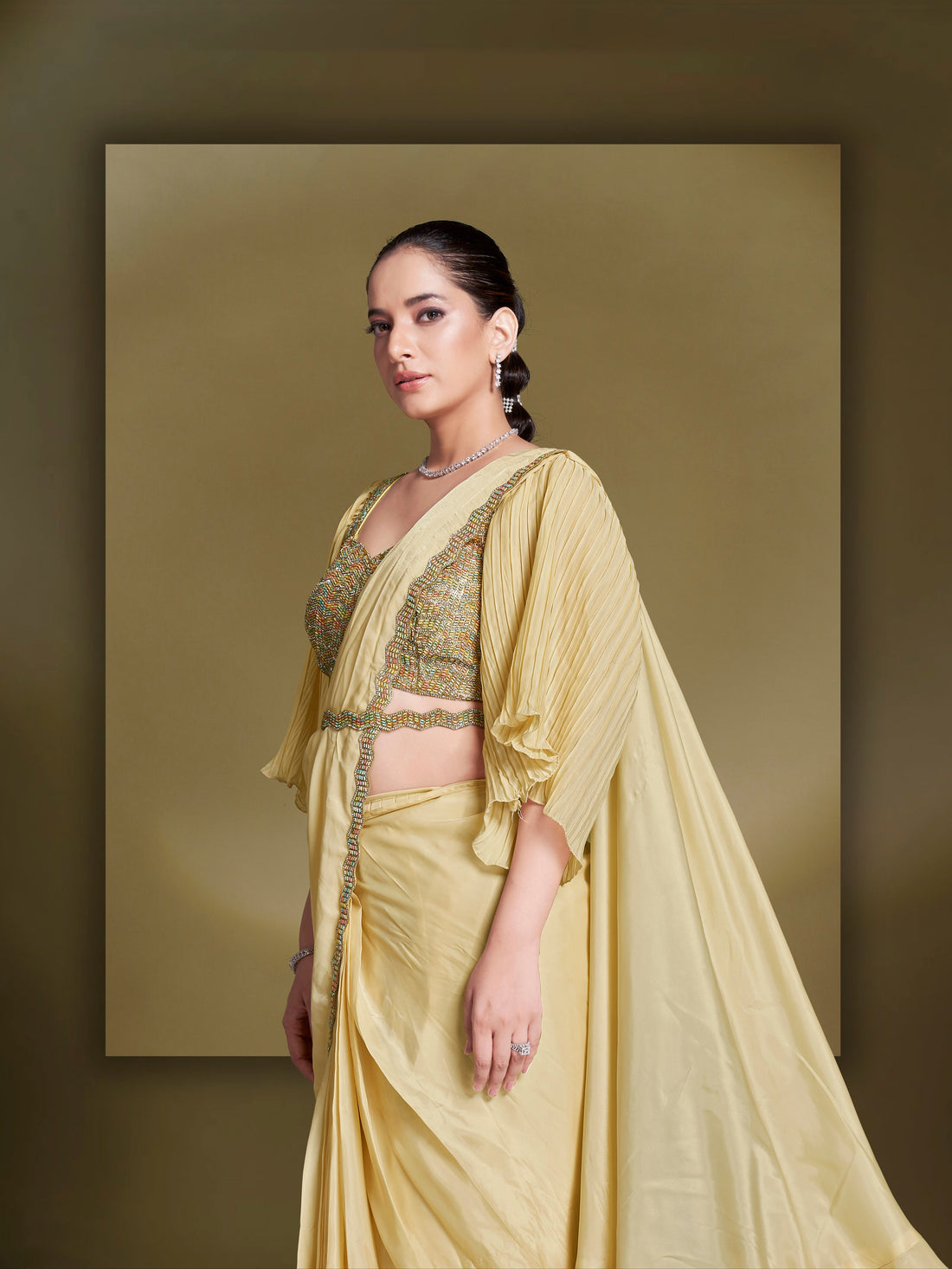 Yellow Satin Silk Ready to Wear Saree with Ruffles and Embroidered Blouse

